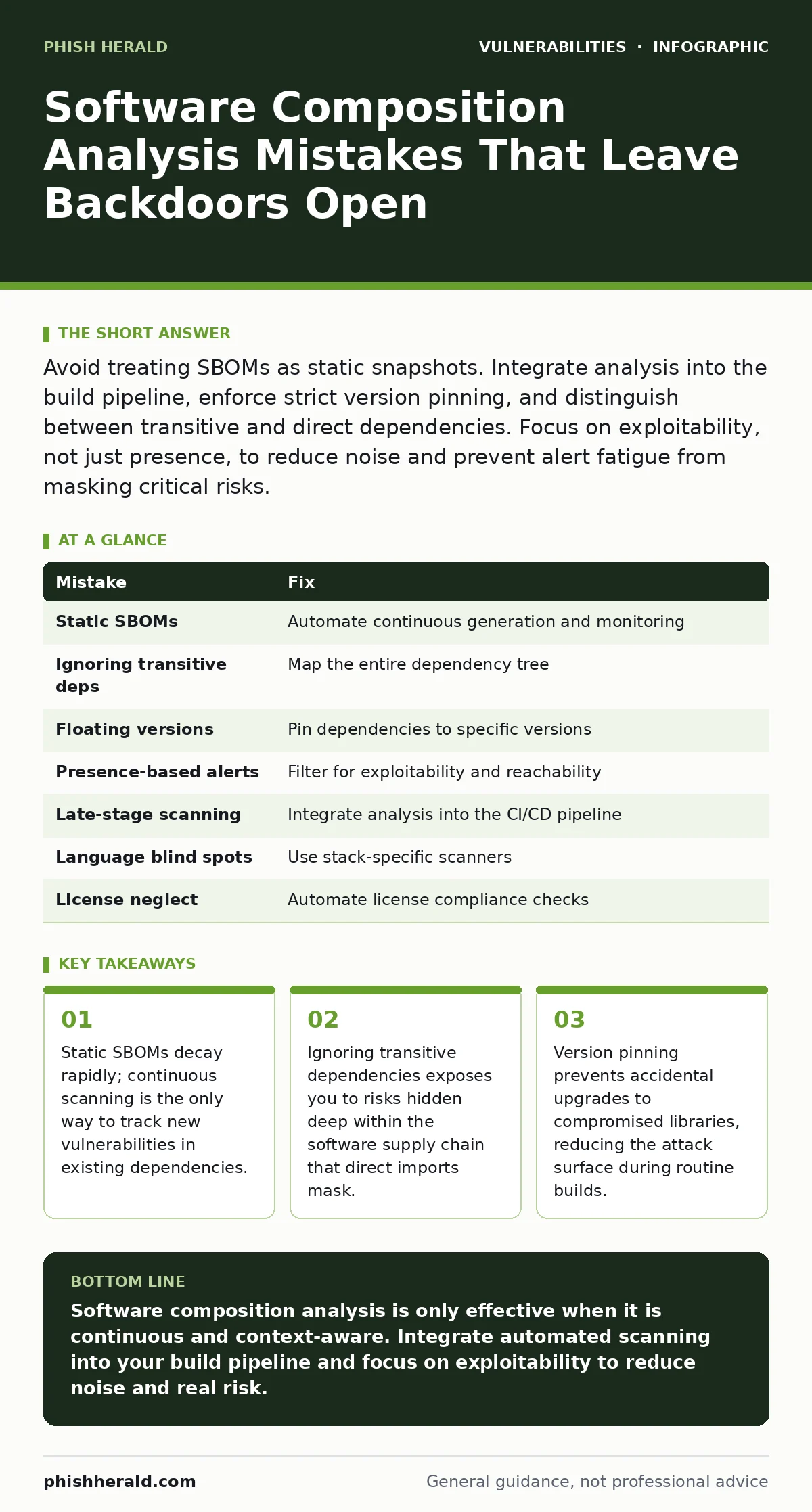 Infographic: Software Composition Analysis Mistakes That Leave Backdoors Open. Static SBOMs decay rapidly; continuous scanning is the only way to track new vulnerabilities in existing dependencies. Ignoring transitive dependencies exposes you to risks hidden deep within the software supply chain tha