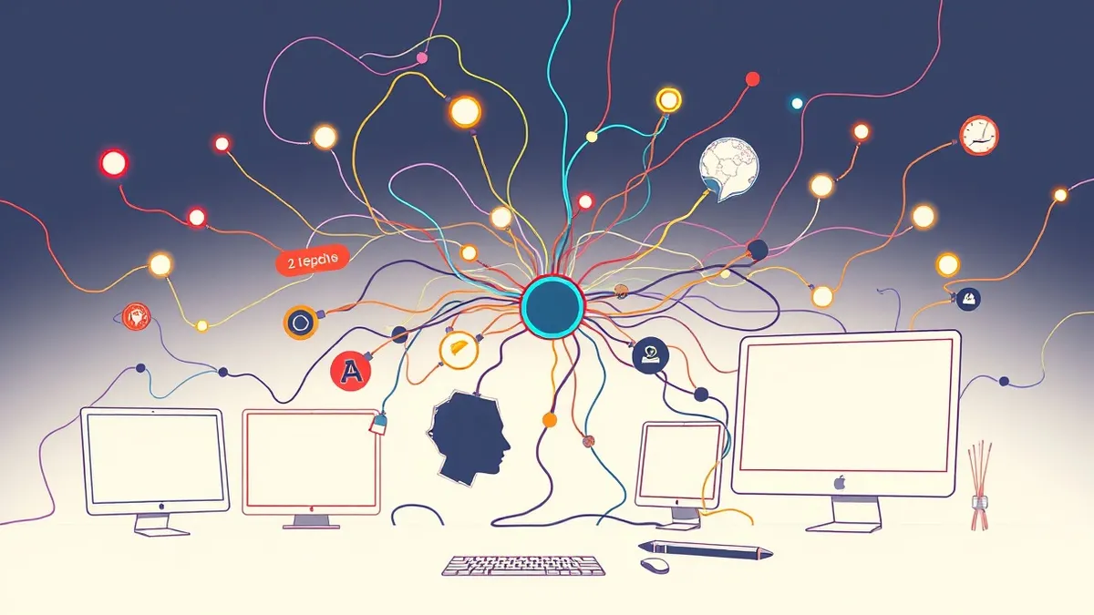 Illustration: A tangled web of colorful, glowing threads connects various software components in a dark digital space.