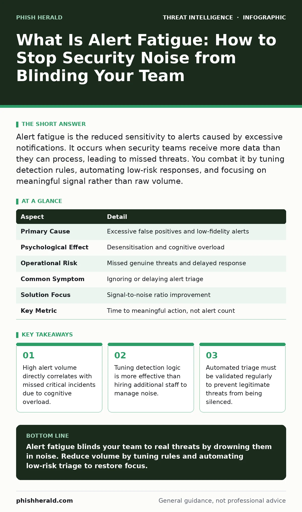 Infographic: What Is Alert Fatigue: How to Stop Security Noise from Blinding Your Team. High alert volume directly correlates with missed critical incidents due to cognitive overload. Tuning detection logic is more effective than hiring additional staff to manage noise. Automated triage must be vali