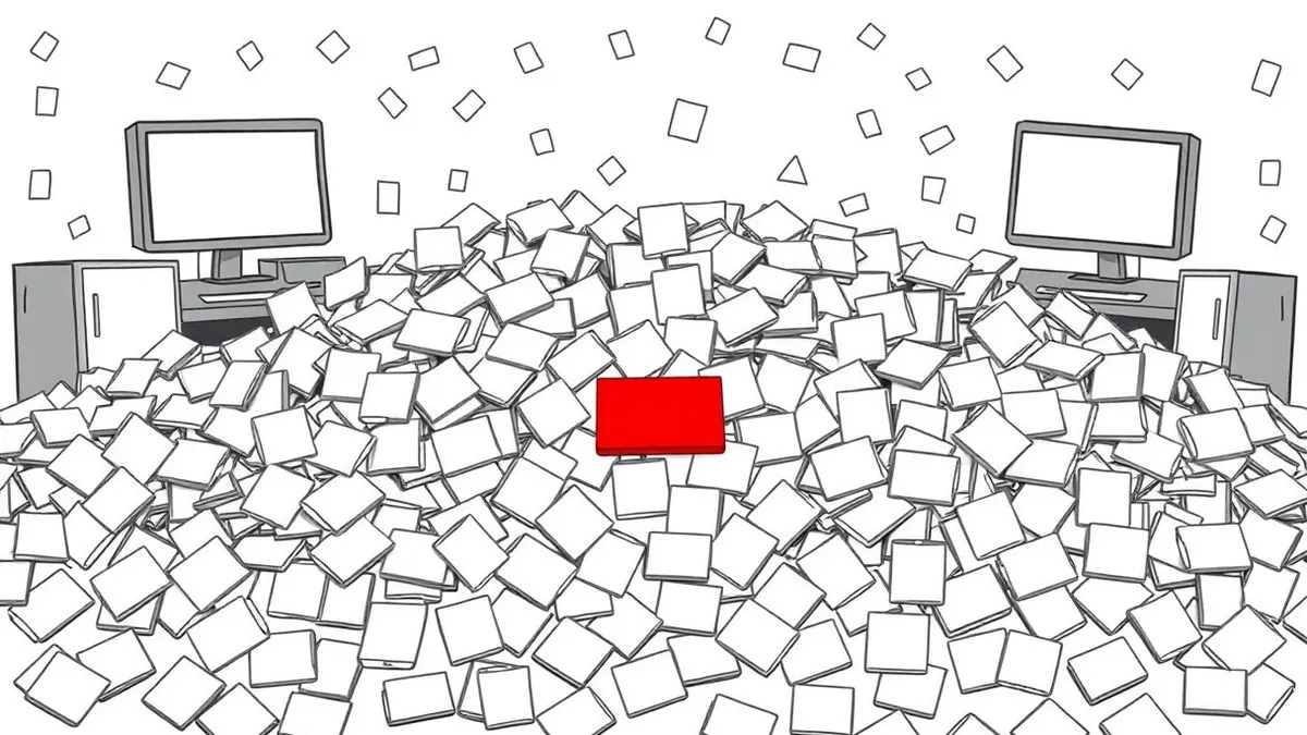 Illustration: A security operator’s desk is buried under a chaotic avalanche of blank notification cards and warning tickets.