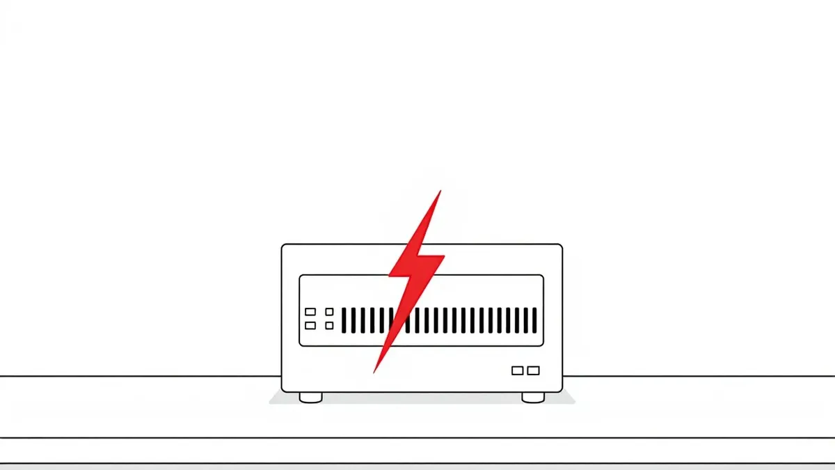 Illustration: A stark white network firewall device sits isolated on a plain gray desk.