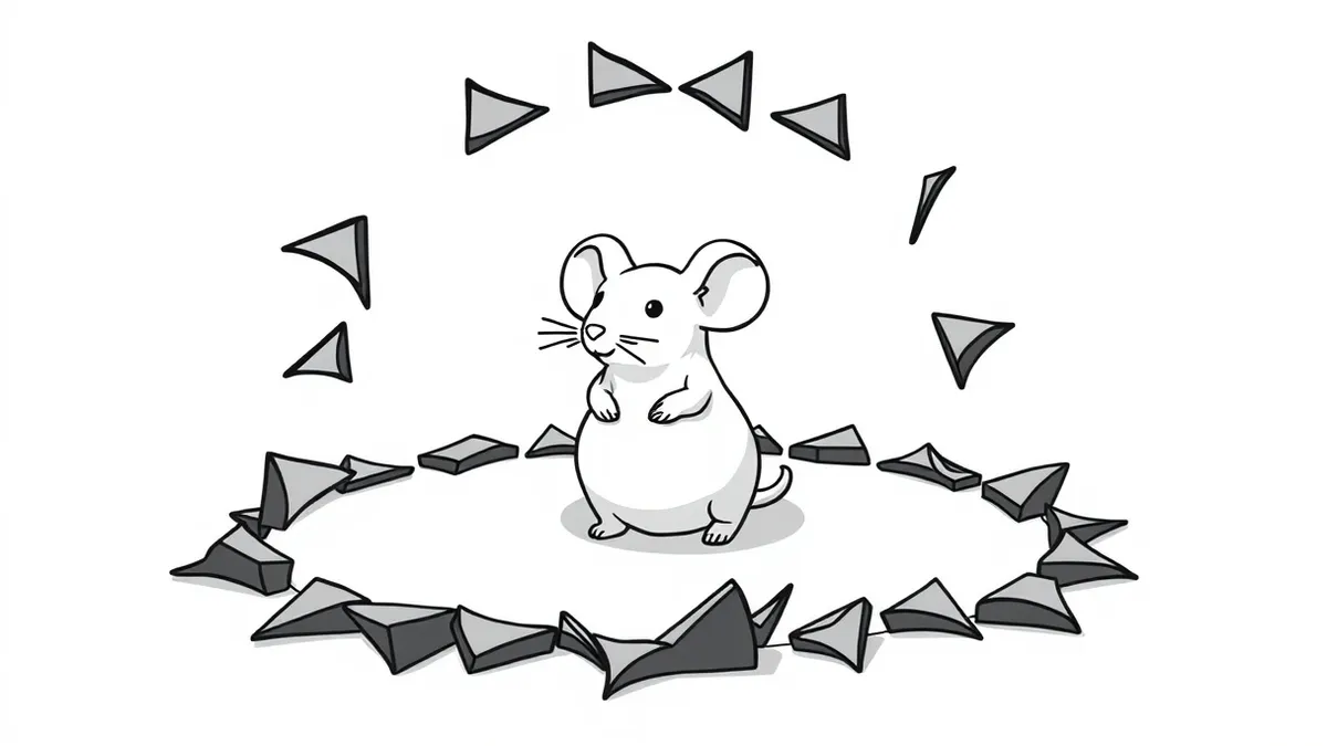Illustration: A single pristine white mouse figurine sits isolated on a sterile gray surface, completely encircled by a chaotic ring of jagged black shards representing fragmented