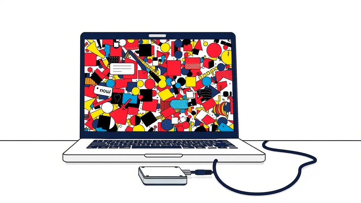 Illustration: A laptop screen displays a chaotic collage of garish abstract shapes and pixelated textures covering the entire display.