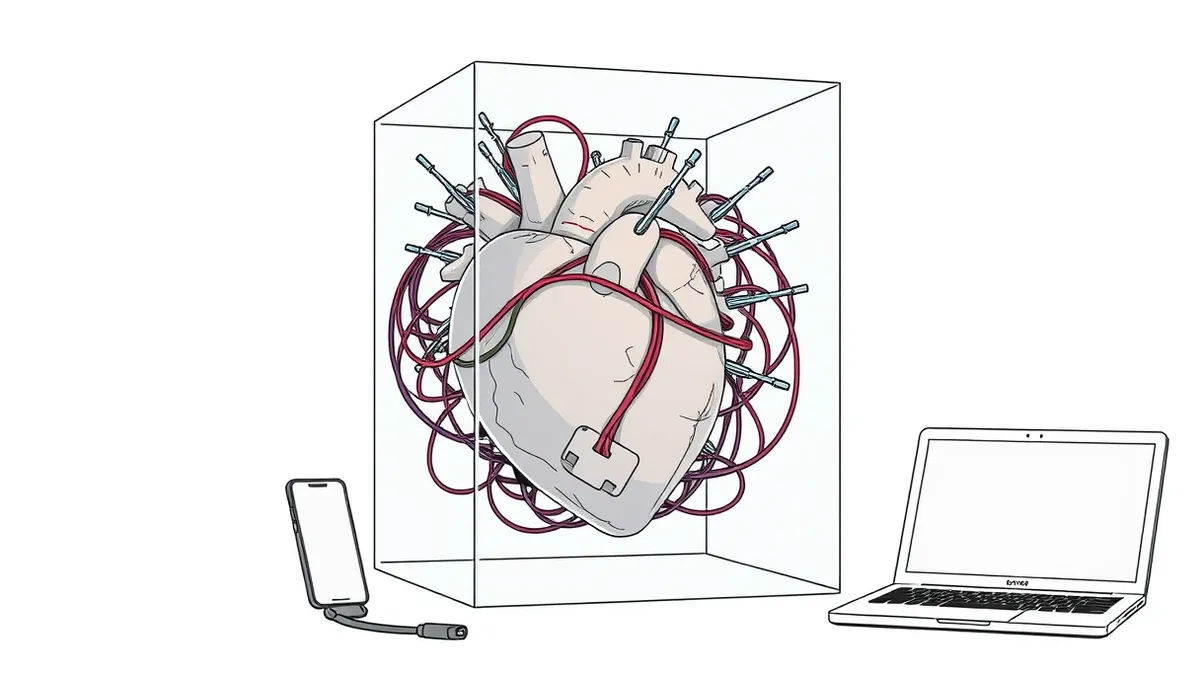 Illustration: A transparent glass cube reveals tangled, glowing wires wrapped tightly around a fragile stone heart.