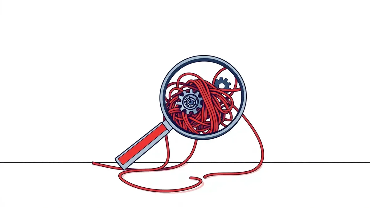 Illustration: A magnifying glass hovers over a tangled knot of red and blue threads on a white surface, revealing a small, hidden gear mechanism concealed within the chaotic weave,