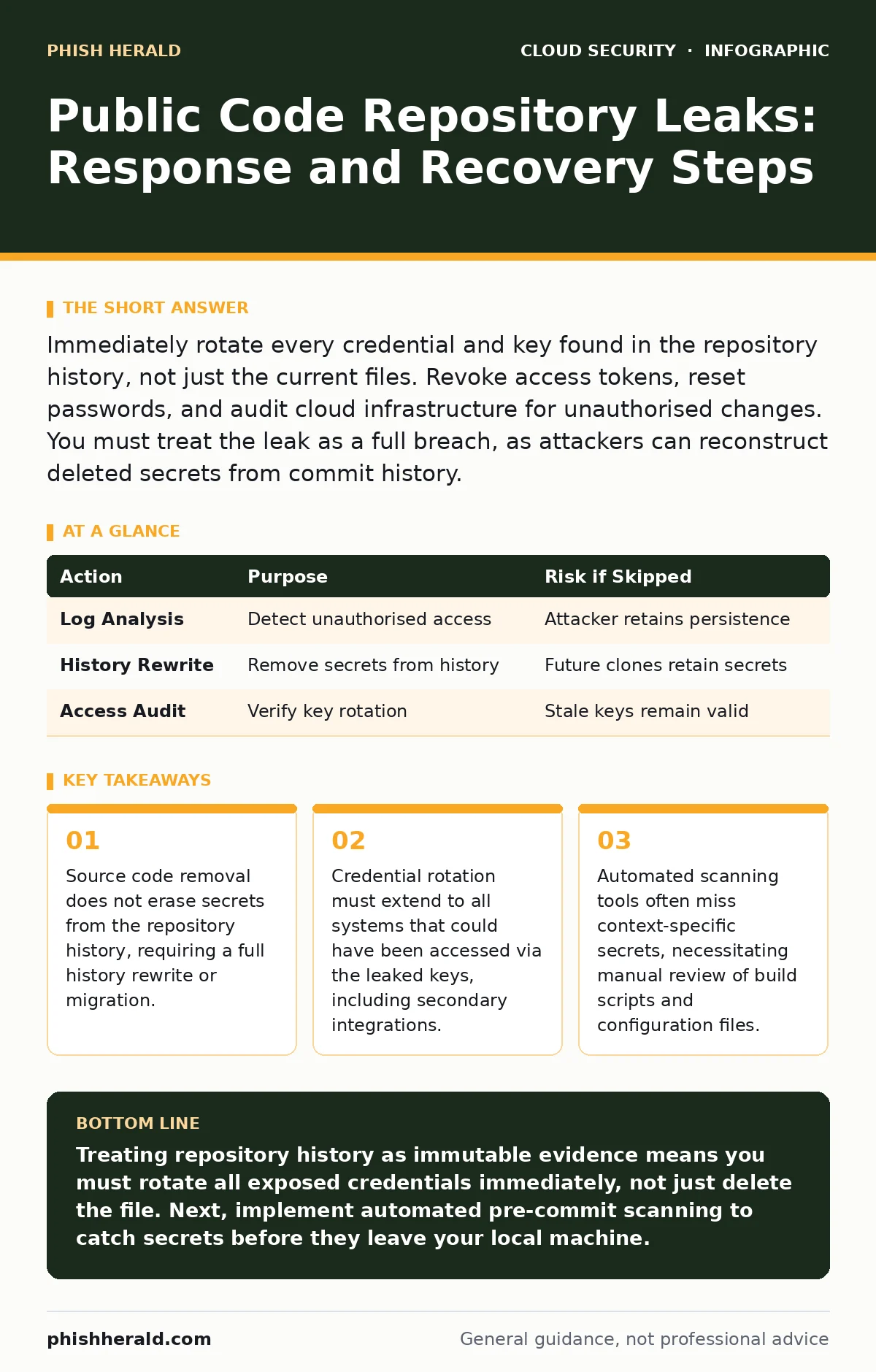 Infographic: Public Code Repository Leaks: Response and Recovery Steps. Source code removal does not erase secrets from the repository history, requiring a full history rewrite or migration. Credential rotation must extend to all systems that could have been accessed via the leaked keys, including s