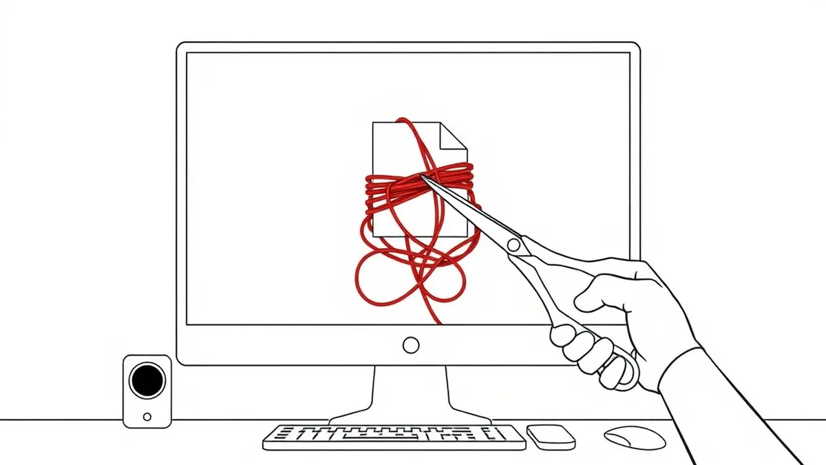 Illustration: A blank computer monitor displays a tangled knot of red threads wrapped around a blank file icon.