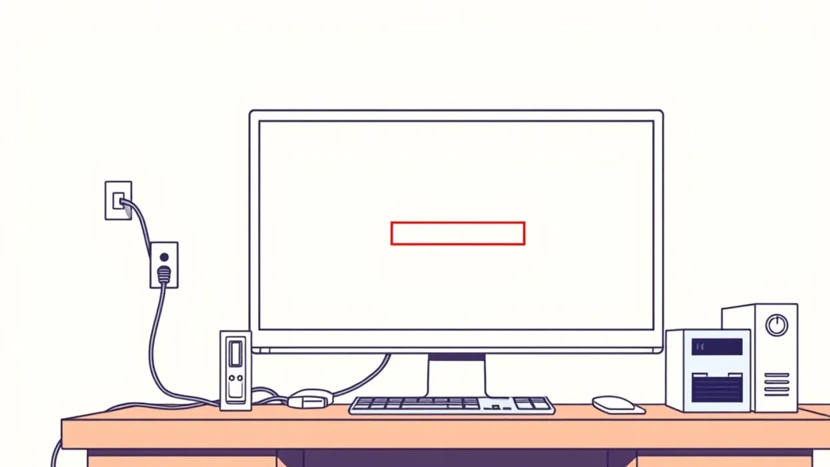 Illustration: A single computer monitor sits on a cluttered desk, displaying a blank login screen with a solitary password field highlighted in soft red.