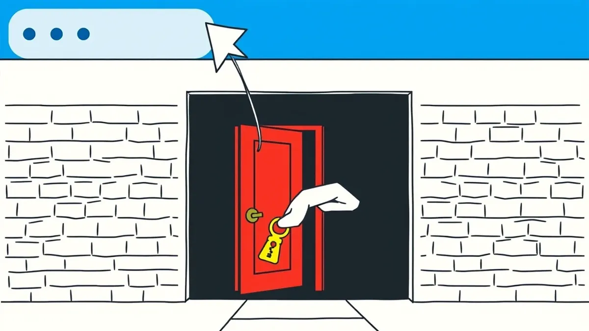 Illustration: A white arrow points from a familiar blue address bar to a red trapdoor hidden behind identical brick walls.