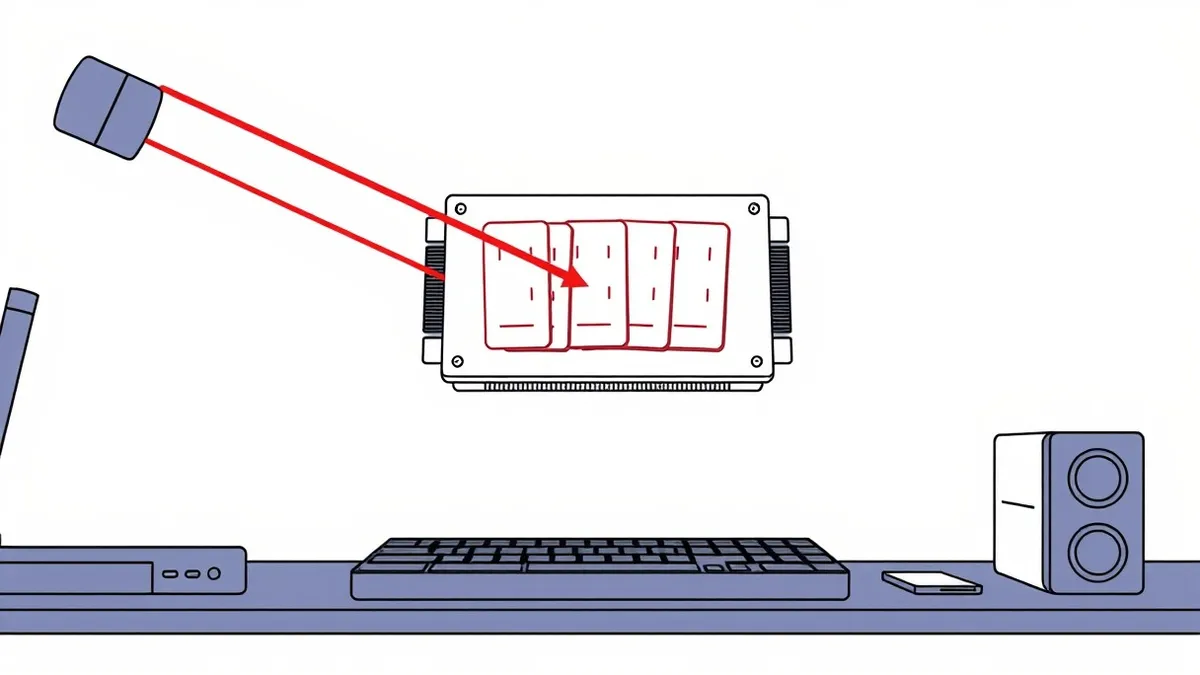 Illustration: A transparent computer memory chip floats above a dark desk surface, containing several glowing, rectangular ticket shapes inside its crystal structure.