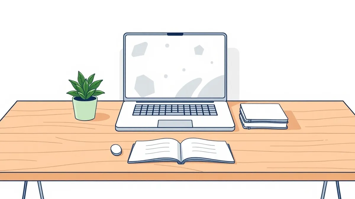 Illustration: A wooden desk holds a single open laptop displaying a blank white screen with faint gray geometric shapes.