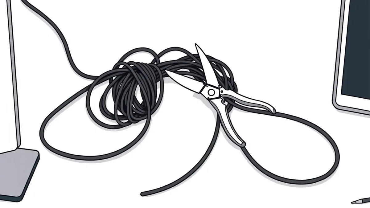 Illustration: A tangled knot of black cables sits on a clean white desk, severed cleanly in the middle by a pair of sharp silver wire cutters.