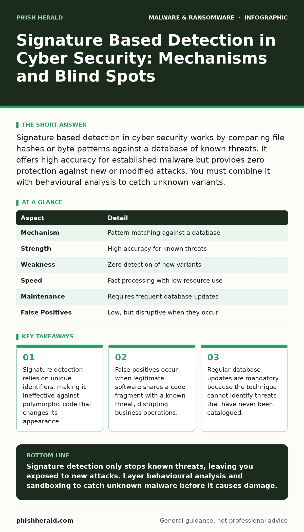 Infographic: Signature Based Detection in Cyber Security: Mechanisms and Blind Spots. Signature detection relies on unique identifiers, making it ineffective against polymorphic code that changes its appearance. False positives occur when legitimate software shares a code fragment with a known threa