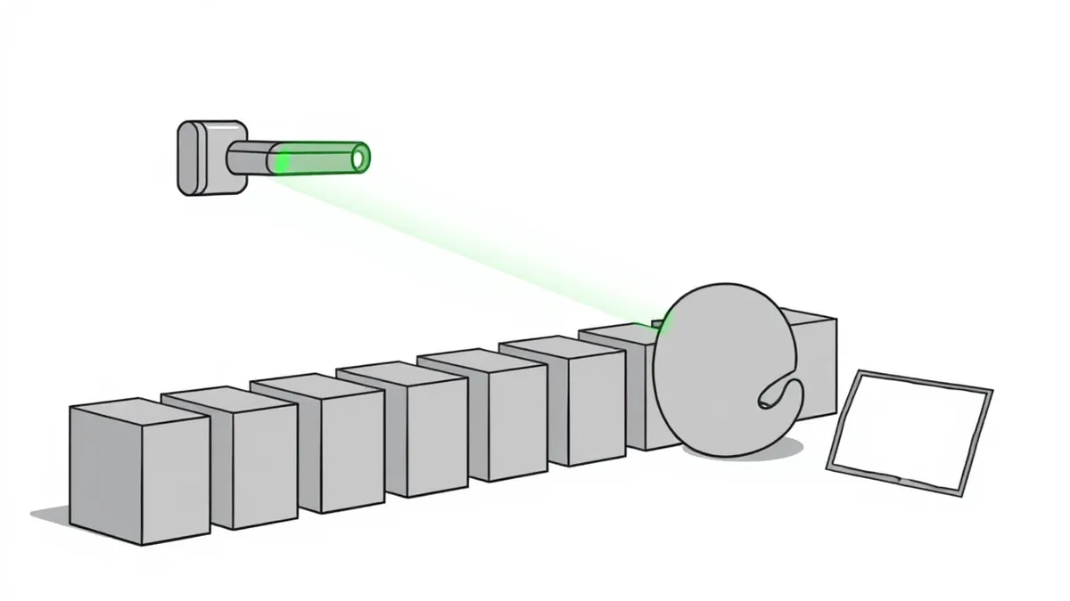Illustration: A glowing digital scanner sweeps over a row of uniform gray blocks, locking onto matching shapes with bright green highlights.
