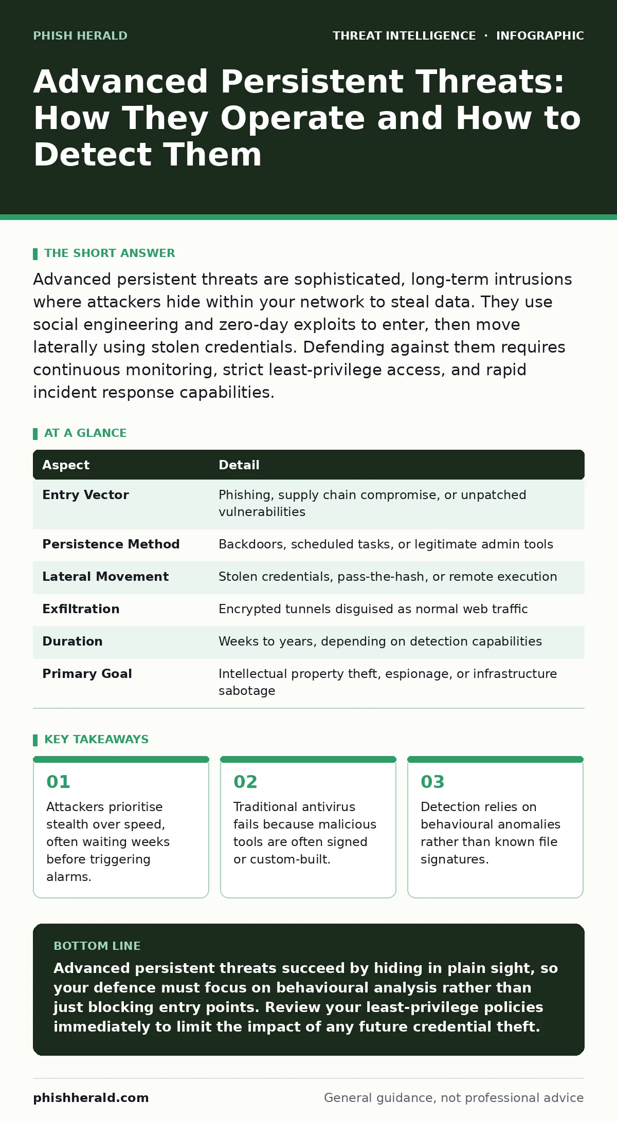 Infographic: Advanced Persistent Threats: How They Operate and How to Detect Them. Attackers prioritise stealth over speed, often waiting weeks before triggering alarms. Traditional antivirus fails because malicious tools are often signed or custom-built. Detection relies on behavioural anomalies ra