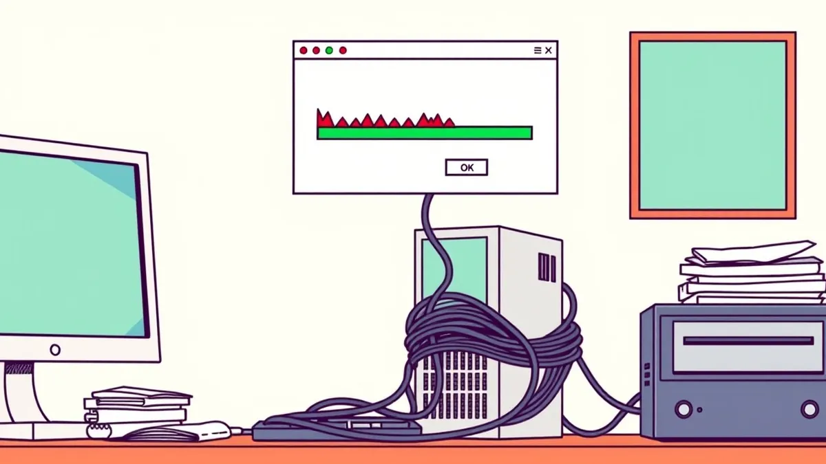 Illustration: A cracked software installer window sits open on a cluttered desk, its progress bar filled with jagged red spikes instead of smooth green lines.