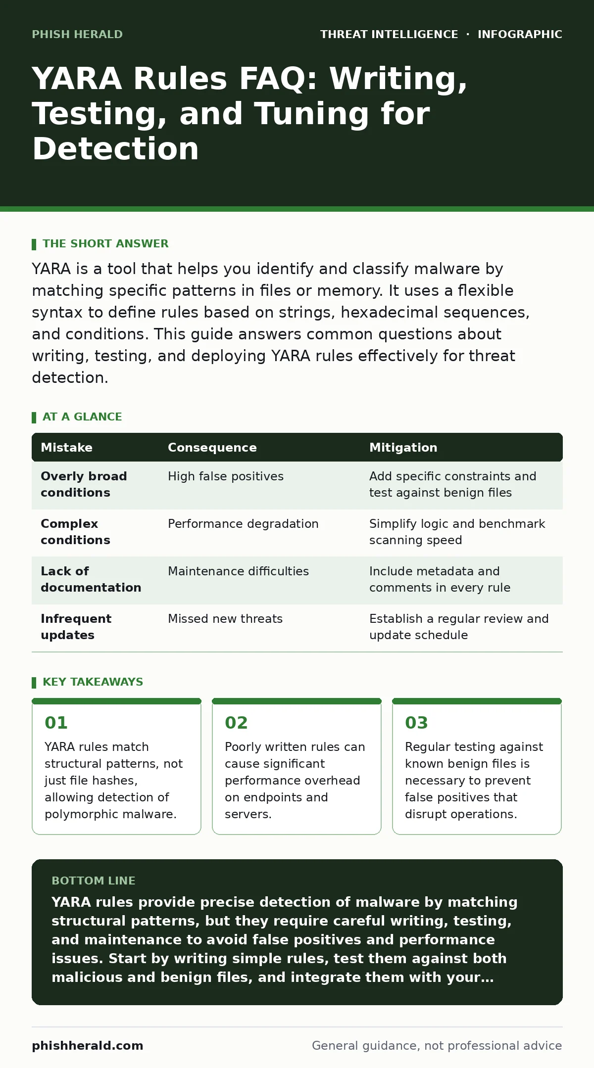 Infographic: YARA Rules FAQ: Writing, Testing, and Tuning for Detection. YARA rules match structural patterns, not just file hashes, allowing detection of polymorphic malware. Poorly written rules can cause significant performance overhead on endpoints and servers. Regular testing against known beni