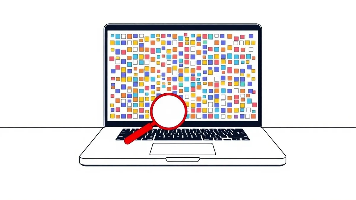 Illustration: A sleek silver laptop sits on a clean white desk, its screen displaying a dense grid of colorful geometric blocks representing abstract data patterns.