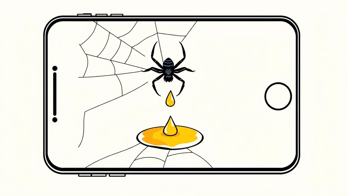 Illustration: A dormant spider web stretches across a cracked smartphone screen, waiting for a specific drop of golden honey to land.