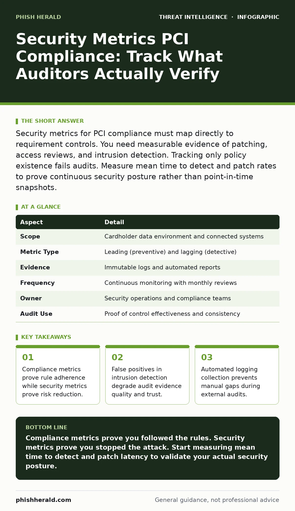 Infographic: Security Metrics PCI Compliance: Track What Auditors Actually Verify. Compliance metrics prove rule adherence while security metrics prove risk reduction. False positives in intrusion detection degrade audit evidence quality and trust. Automated logging collection prevents manual gaps d