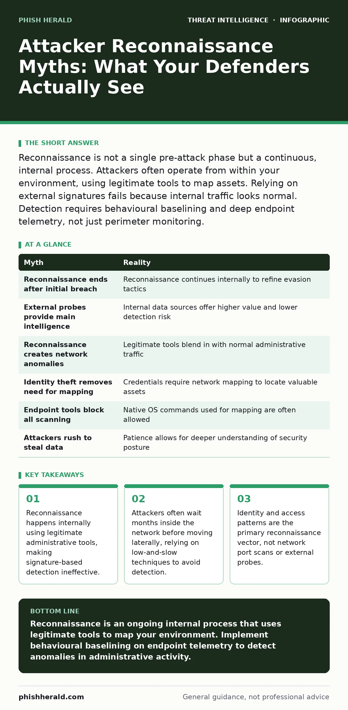 Infographic: Attacker Reconnaissance Myths: What Your Defenders Actually See. Reconnaissance happens internally using legitimate administrative tools, making signature-based detection ineffective. Attackers often wait months inside the network before moving laterally, relying on low-and-slow techniq