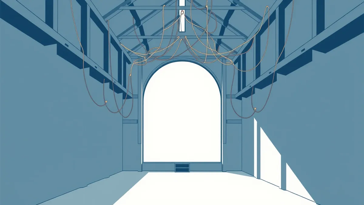 Illustration: A tangled web of thin, semi-transparent threads weaves through the dark, shadowy interior of a building’s structural framework.