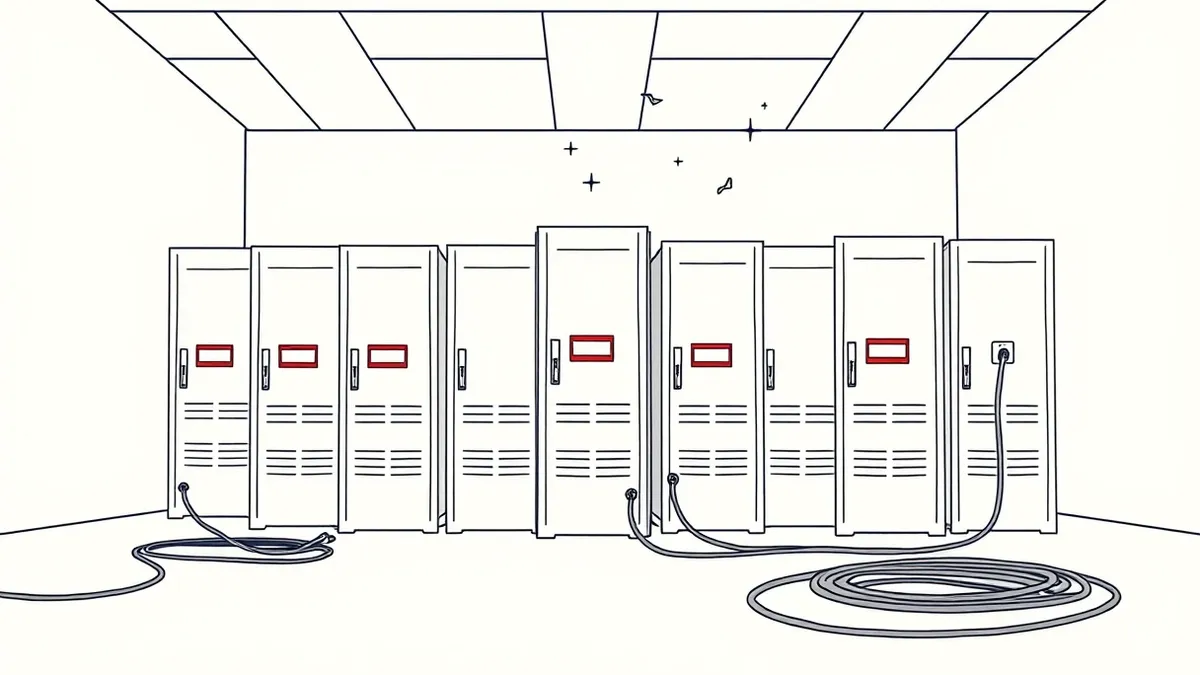 Illustration: A row of identical white servers stands in a dim room with their power cables unplugged and lying on the floor.