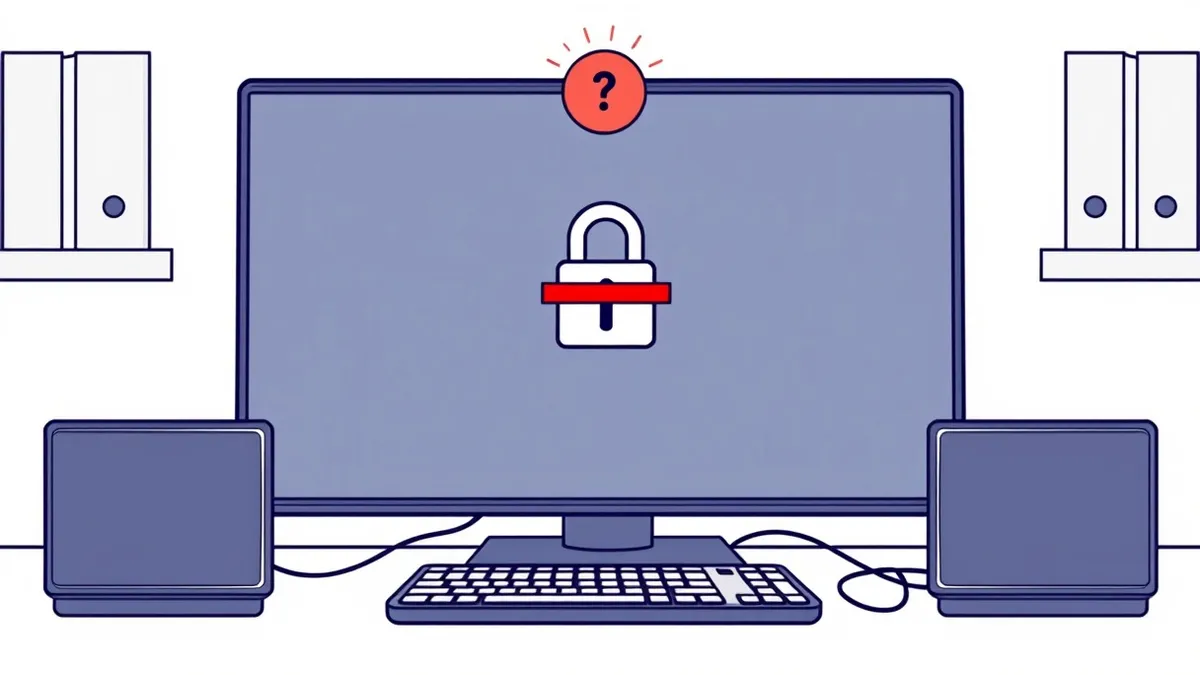 Illustration: A blank login interface sits on a dark monitor, with a digital padlock snapping shut over the screen.