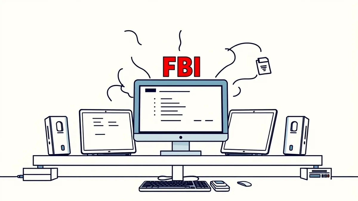 Illustration: A cracked FBI recruitment database sits on a digital table while shadowy ransomware negotiators pass encrypted files to the ShinyHunters group, exposing sensitive sta