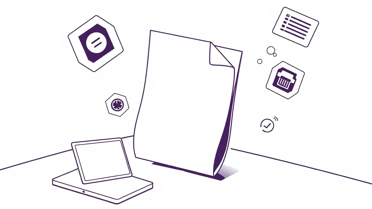 Illustration: A blank digital document floats above a dark surface, surrounded by floating abstract icons representing code fragments and system metadata.