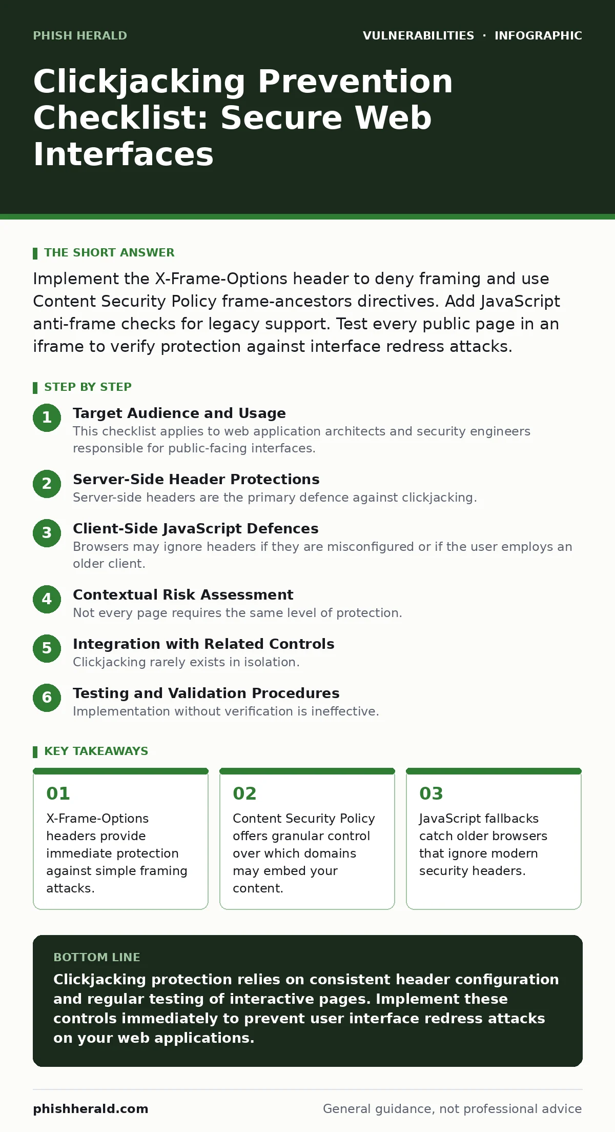Infographic: Clickjacking Prevention Checklist: Secure Web Interfaces. X-Frame-Options headers provide immediate protection against simple framing attacks. Content Security Policy offers granular control over which domains may embed your content. JavaScript fallbacks catch older browsers that ignore