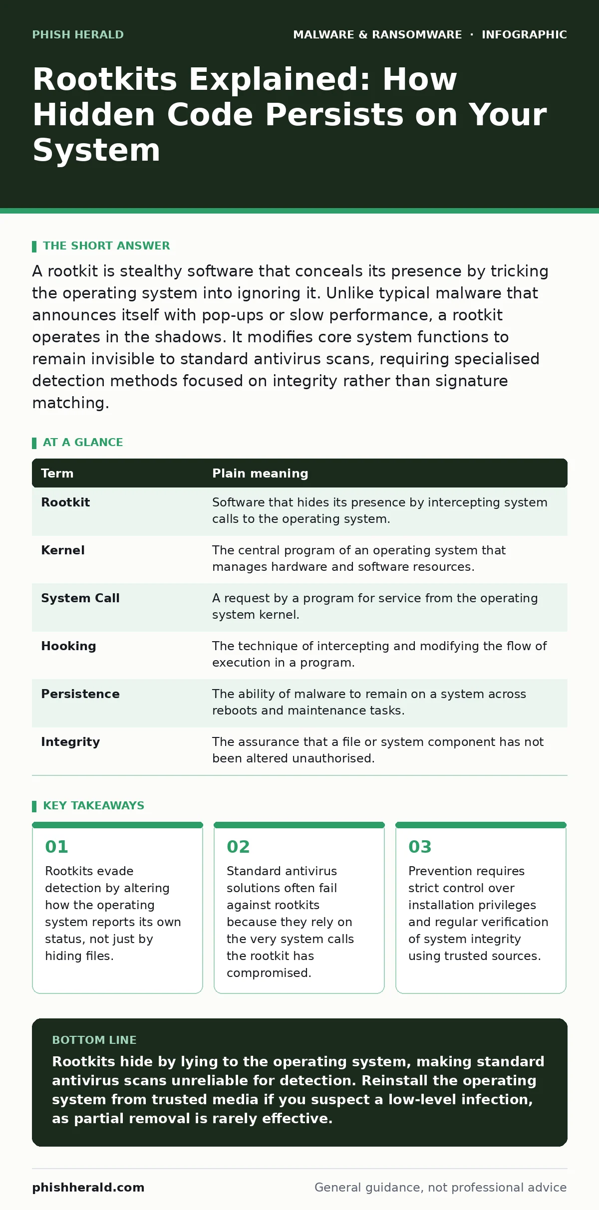 Infographic: Rootkits Explained: How Hidden Code Persists on Your System. Rootkits evade detection by altering how the operating system reports its own status, not just by hiding files. Standard antivirus solutions often fail against rootkits because they rely on the very system calls the rootkit ha