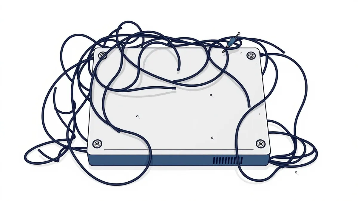 Illustration: A translucent, tangled web of dark fibers wraps tightly around a sleek silver hard drive.