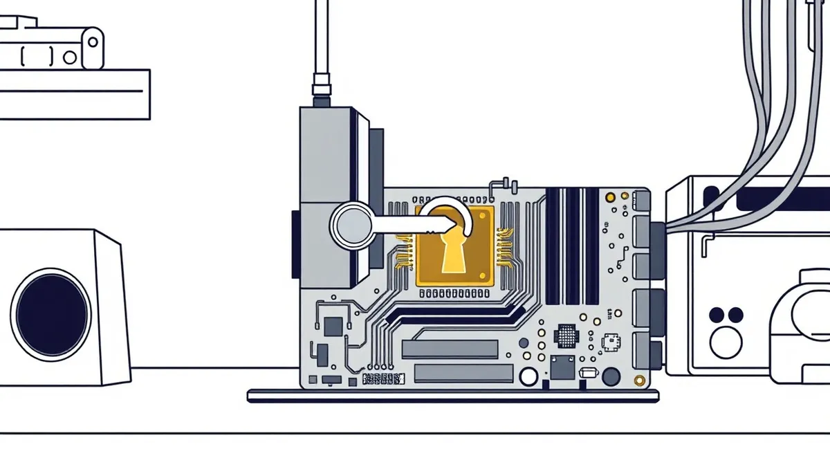 Illustration: A transparent motherboard sits on a workbench with a golden keyhole embedded in its chipset.
