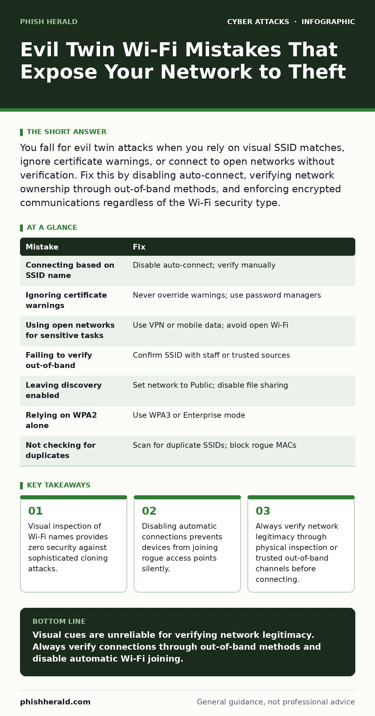 Infographic: Evil Twin Wi-Fi Mistakes That Expose Your Network to Theft. Visual inspection of Wi-Fi names provides zero security against sophisticated cloning attacks. Disabling automatic connections prevents devices from joining rogue access points silently. Always verify network legitimacy through