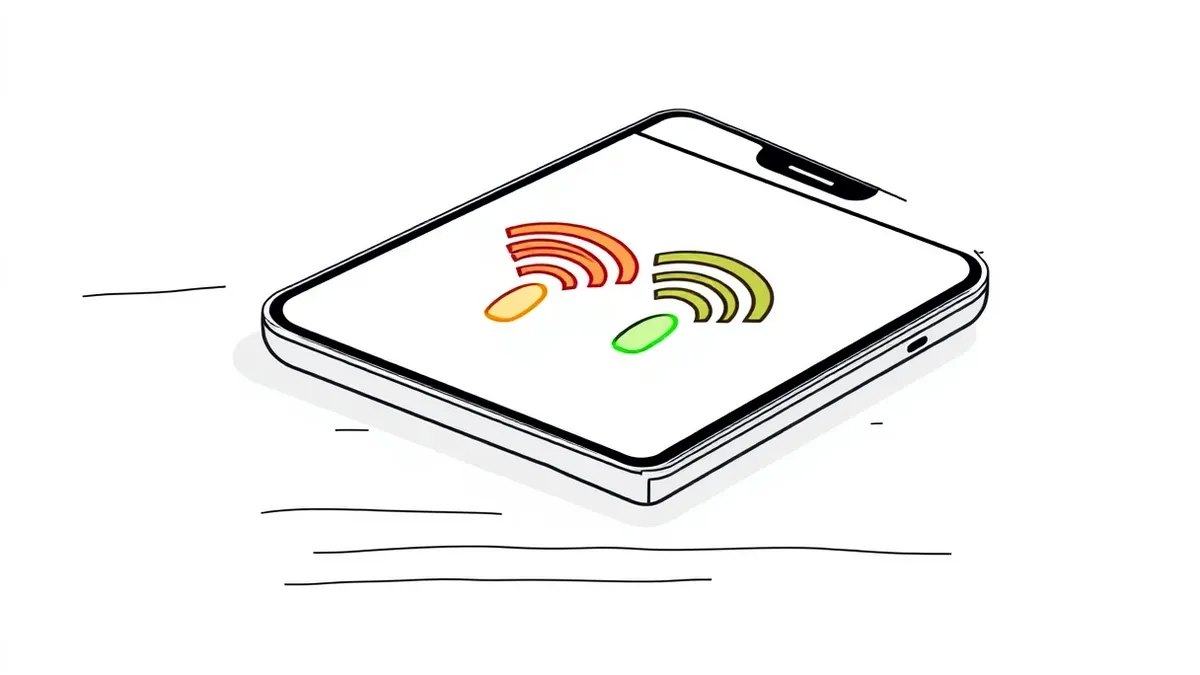 Illustration: A smartphone rests on a wooden table, its screen displaying two identical blank Wi-Fi signal icons.