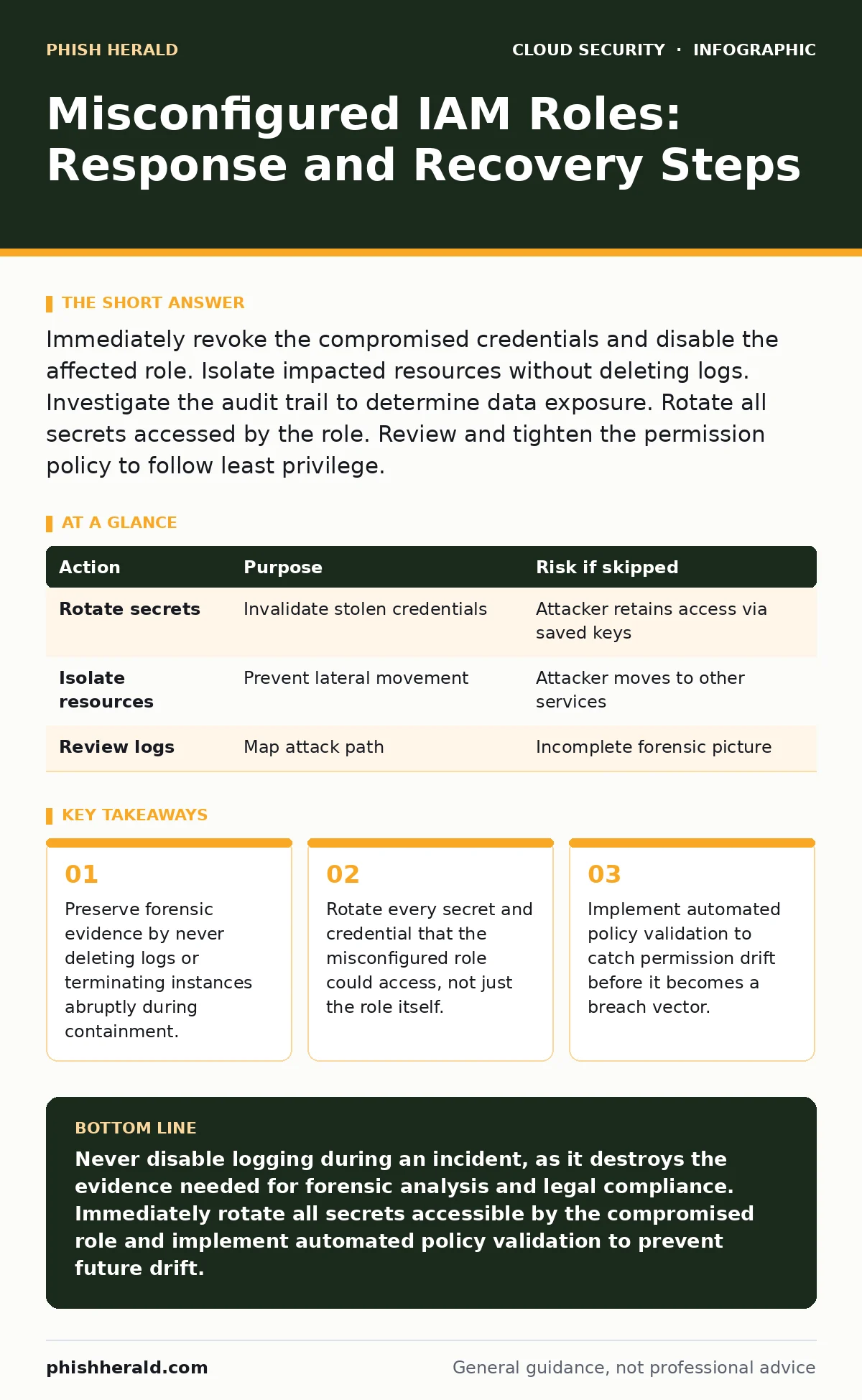 Infographic: Misconfigured IAM Roles: Response and Recovery Steps. Preserve forensic evidence by never deleting logs or terminating instances abruptly during containment. Rotate every secret and credential that the misconfigured role could access, not just the role itself. Implement automated policy
