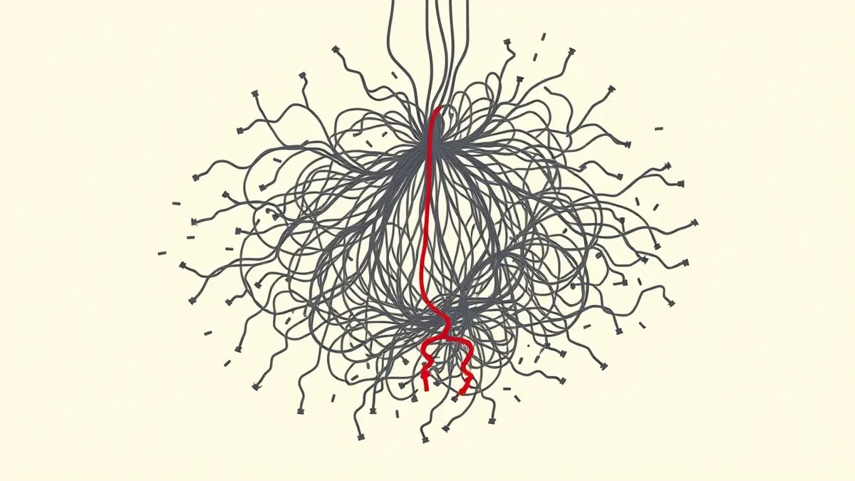 Illustration: A chaotic tangle of severed digital threads hangs in the void, disconnected from a central hub.