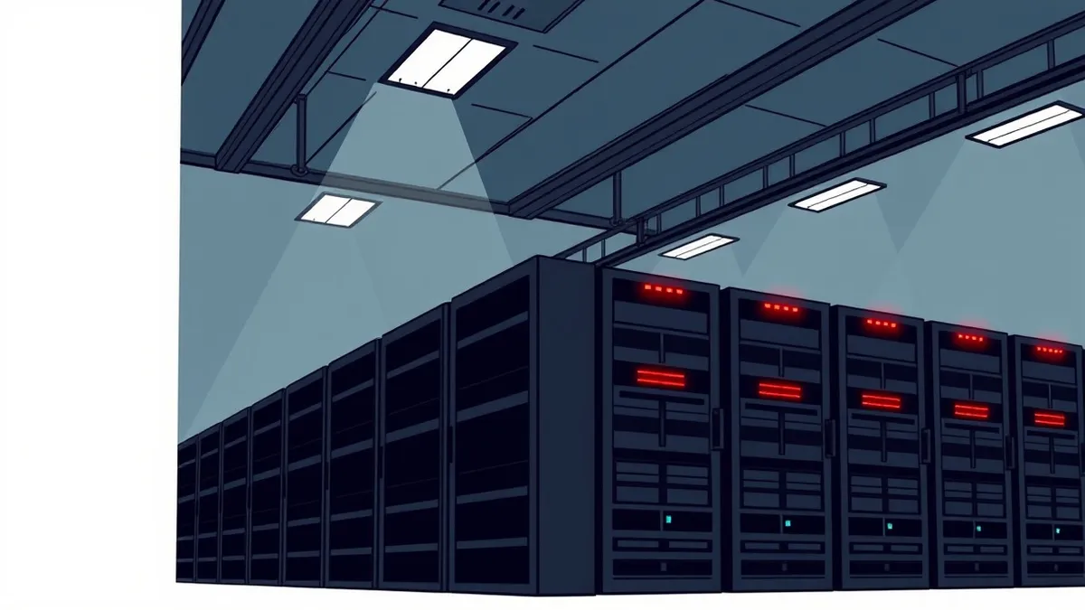 Illustration: A row of black server blades sits dark and silent inside a dimly lit data hall, their indicator lights completely extinguished.