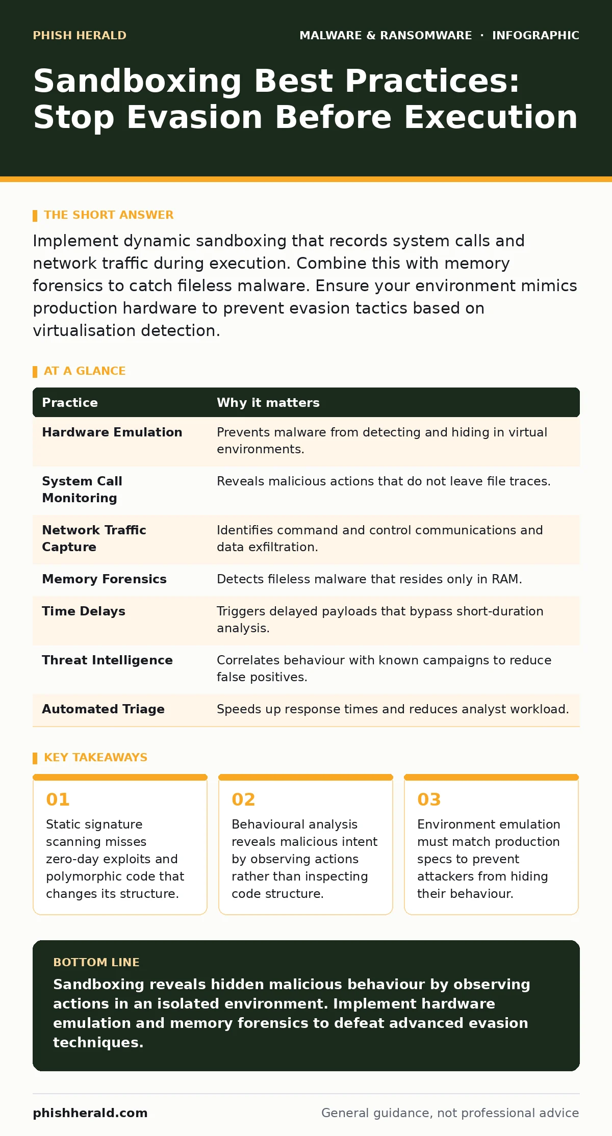 Infographic: Sandboxing Best Practices: Stop Evasion Before Execution. Static signature scanning misses zero-day exploits and polymorphic code that changes its structure. Behavioural analysis reveals malicious intent by observing actions rather than inspecting code structure. Environment emulation m