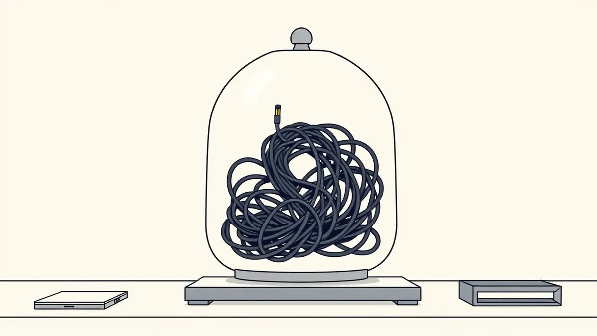Illustration: A sealed glass terrarium sits on a clean desk, containing a single tangled black cable that pulses with faint light.