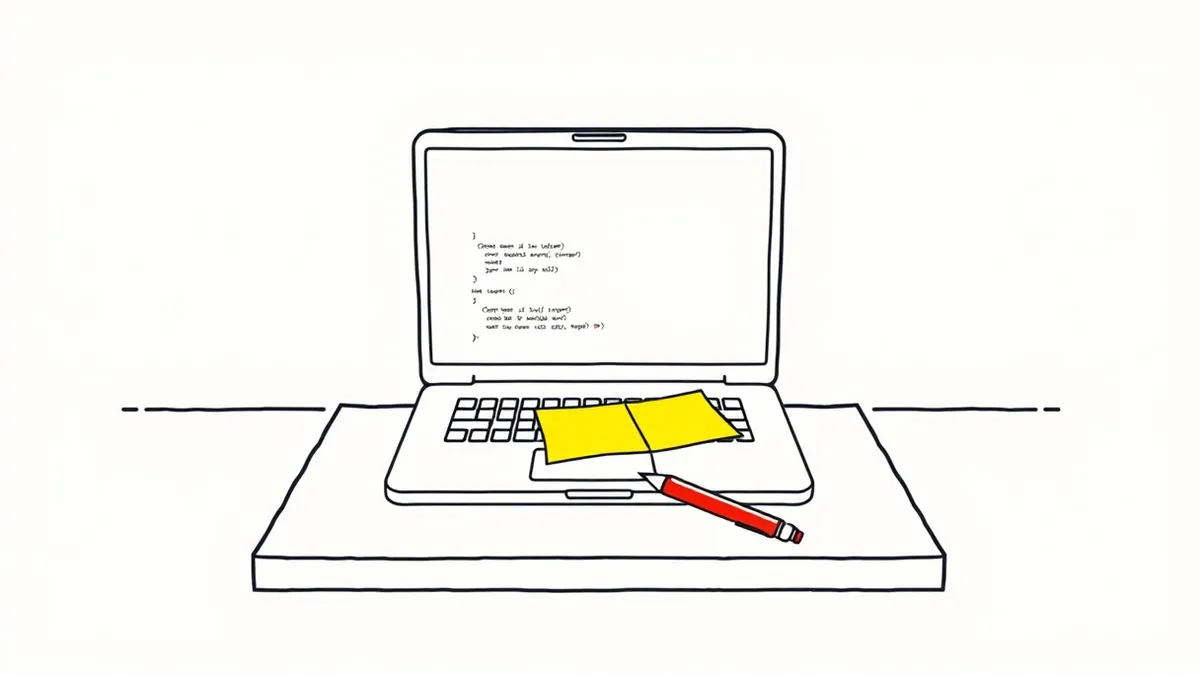 Illustration: A small desk holds a single open laptop displaying a blank code editor.