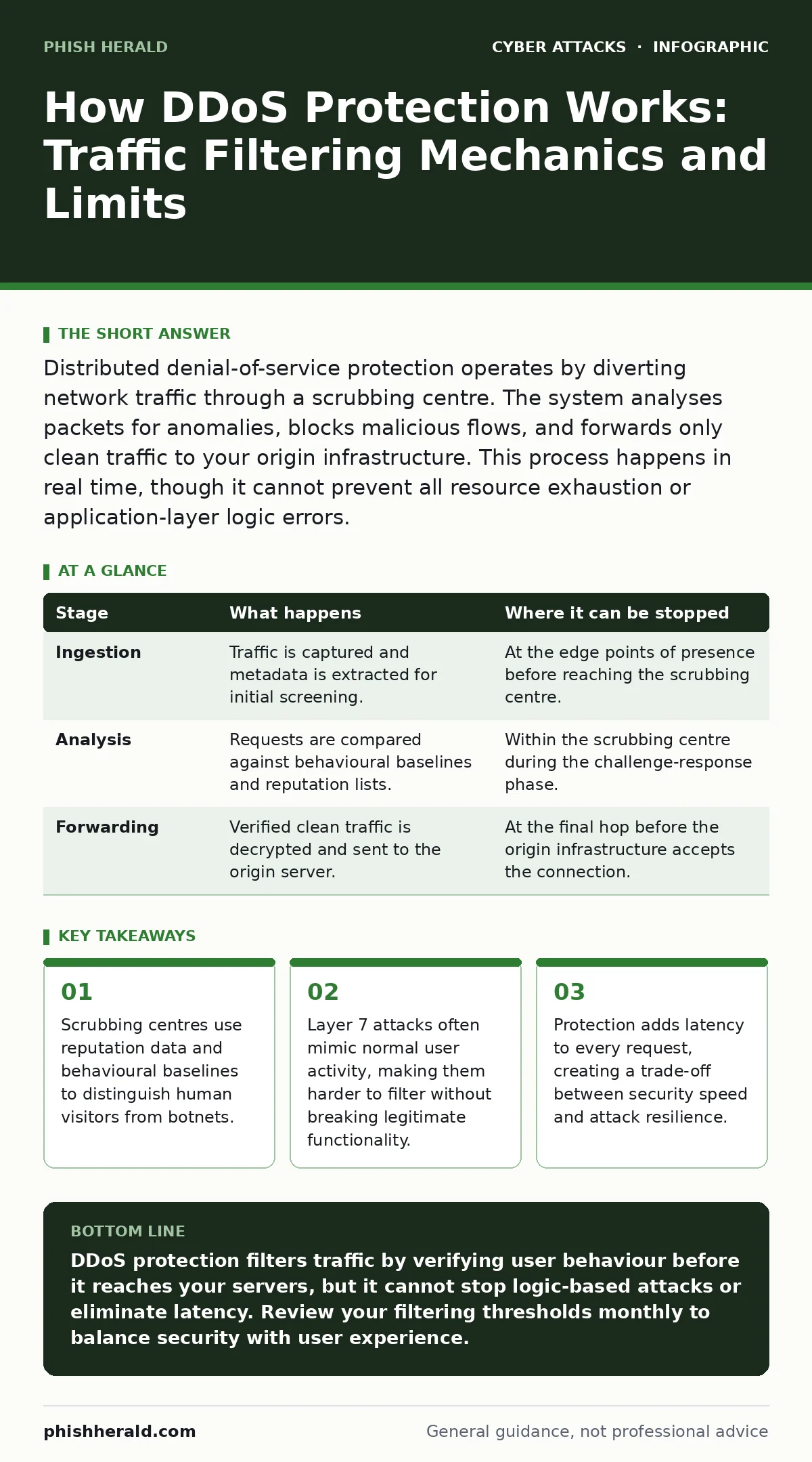 Infographic: How DDoS Protection Works: Traffic Filtering Mechanics and Limits. Scrubbing centres use reputation data and behavioural baselines to distinguish human visitors from botnets. Layer 7 attacks often mimic normal user activity, making them harder to filter without breaking legitimate funct