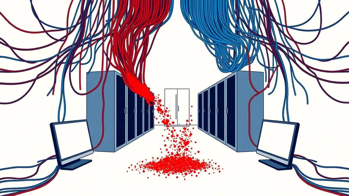 Illustration: A complex network of glowing cables funnels into a central filtering device that separates chaotic red streams from orderly blue ones.