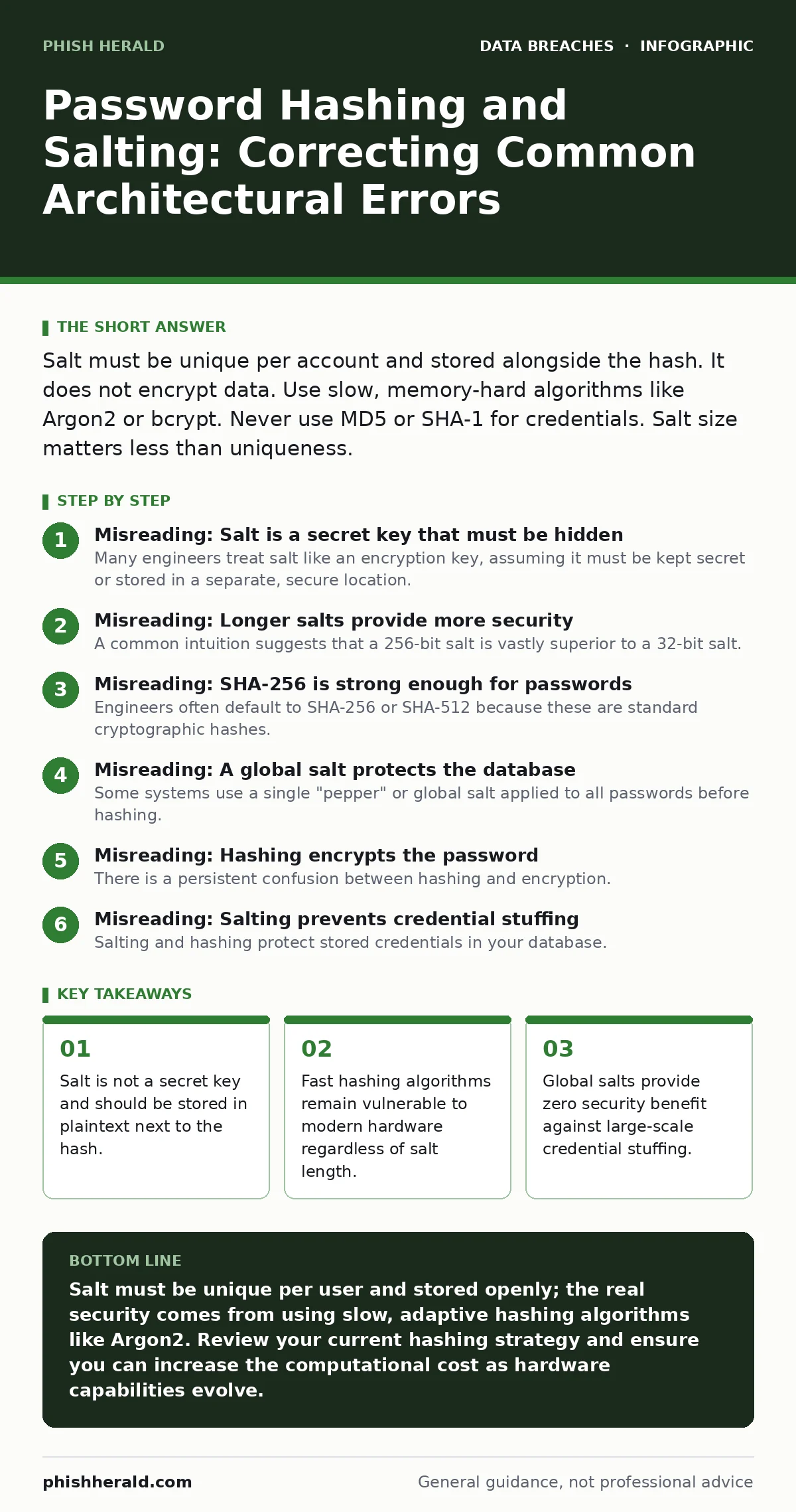 Infographic: Password Hashing and Salting: Correcting Common Architectural Errors. Salt is not a secret key and should be stored in plaintext next to the hash. Fast hashing algorithms remain vulnerable to modern hardware regardless of salt length. Global salts provide zero security benefit against l