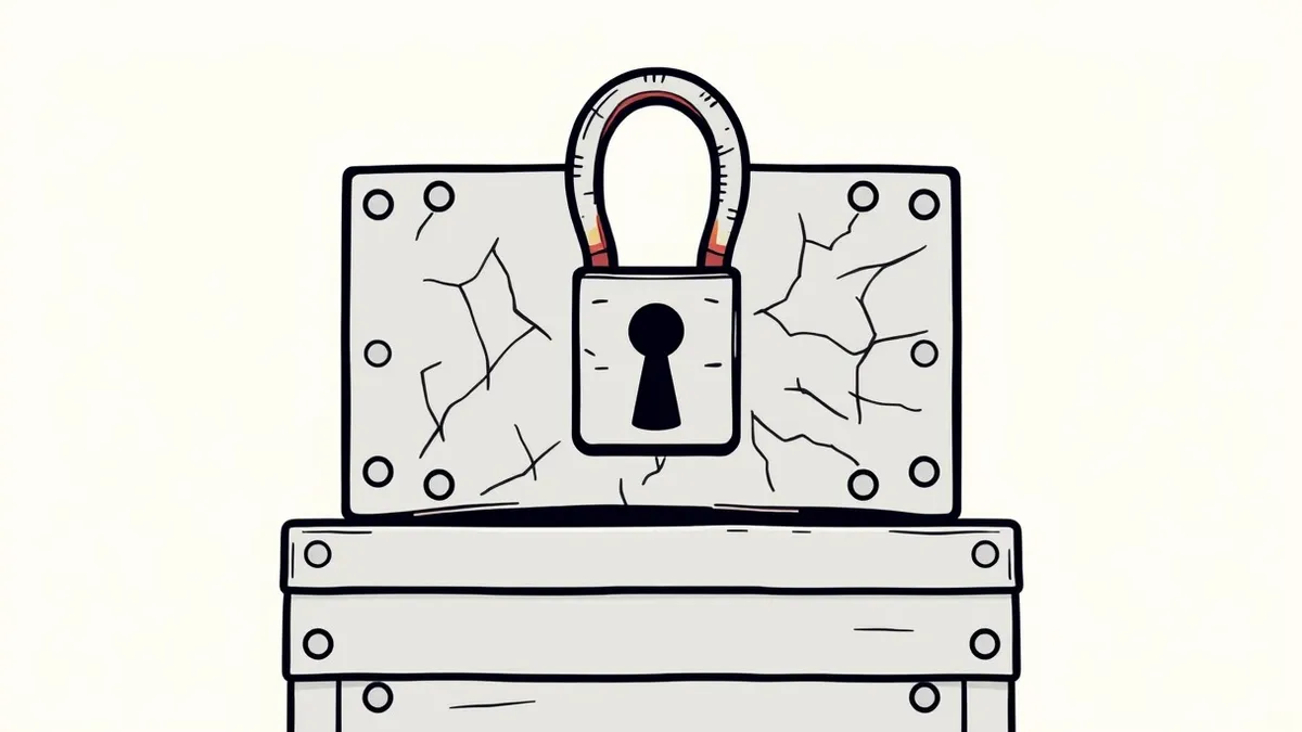 Illustration: A thick, rusted iron lock sits on a sturdy steel box.