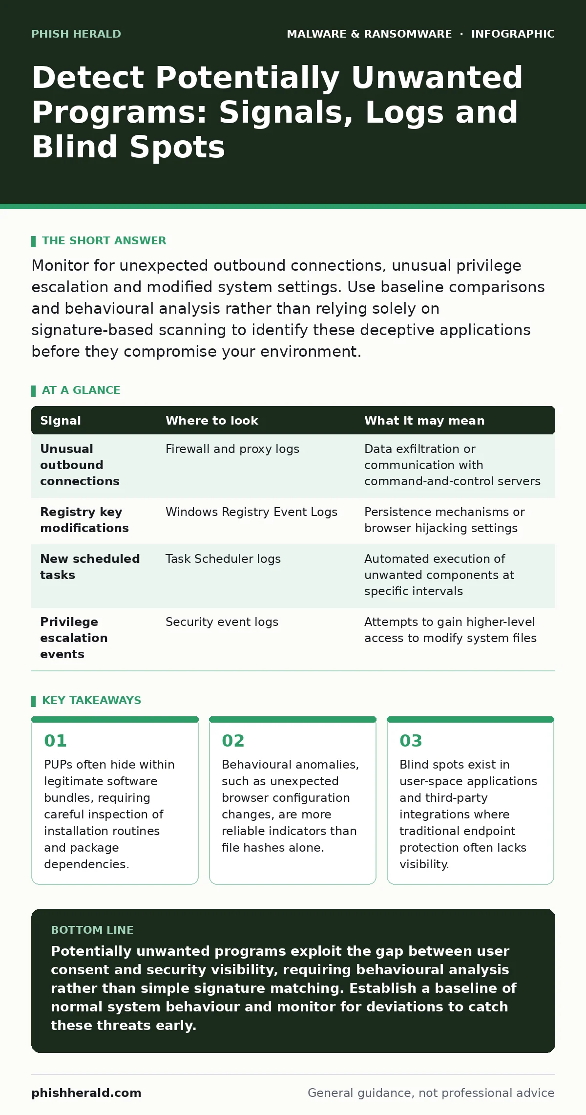 Infographic: Detect Potentially Unwanted Programs: Signals, Logs and Blind Spots. PUPs often hide within legitimate software bundles, requiring careful inspection of installation routines and package dependencies. Behavioural anomalies, such as unexpected browser configuration changes, are more reli