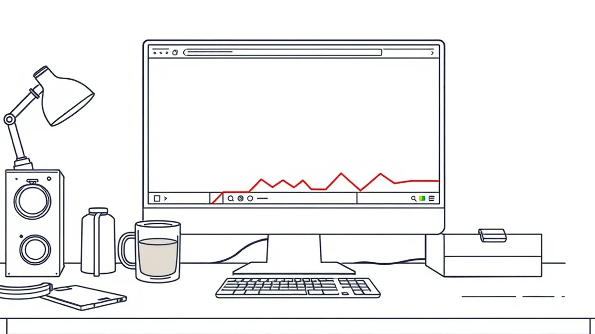 Illustration: A desktop computer sits on a cluttered wooden desk beside a half-empty coffee mug.