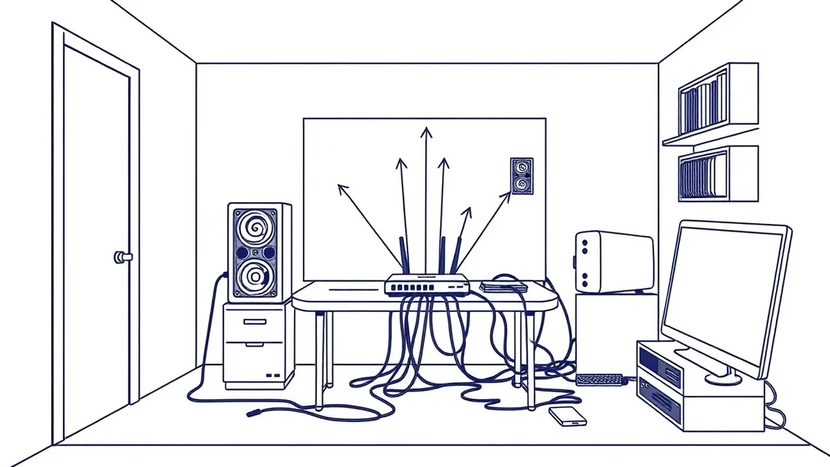 Illustration: A small office desk holds a single router connected to a tangled web of wires.