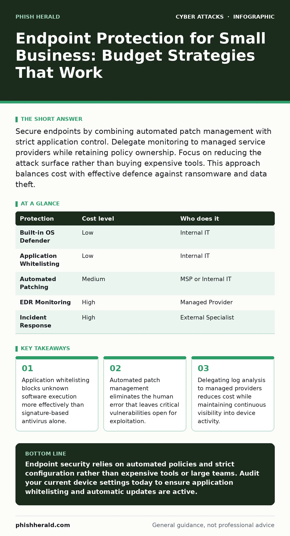Infographic: Endpoint Protection for Small Business: Budget Strategies That Work. Application whitelisting blocks unknown software execution more effectively than signature-based antivirus alone. Automated patch management eliminates the human error that leaves critical vulnerabilities open for expl